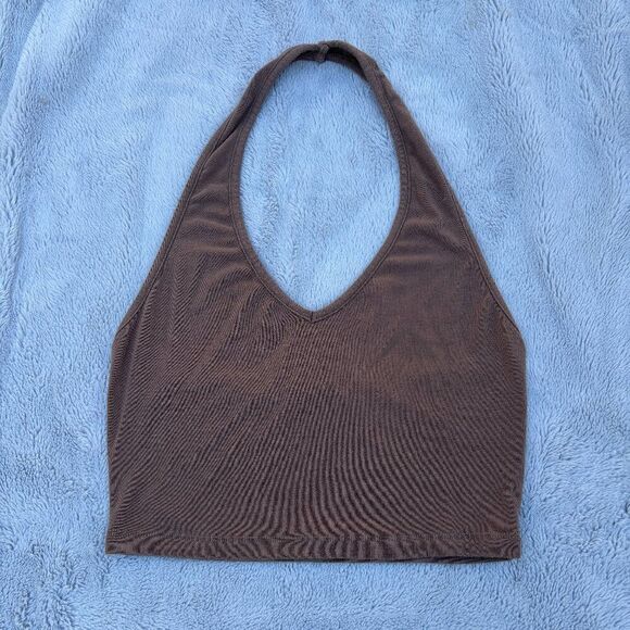 White Fox Brown Halter Crop Top | Stretchy Deep V Neck Tank M - Picture 1 of 9